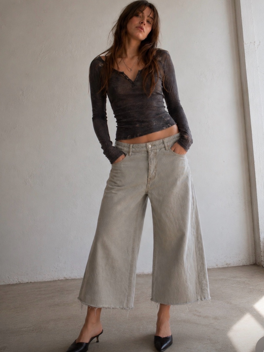 SHEIN Light Gray Wide Leg Cropped Jeans